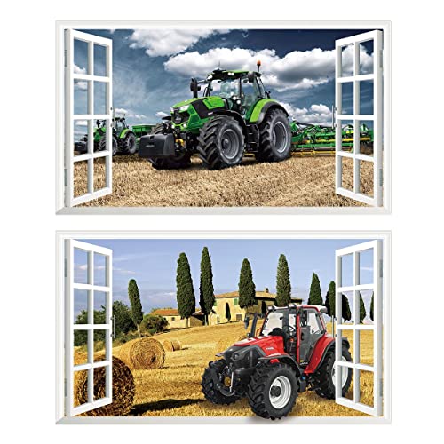 2Pcs Wandtattoo Traktor Trecker 3D Effekt XXL Farm Feld Landwirtschaft Wandaufkleber Fenster Selbstklebend für Junge Kinderzimmer Groß 1000mmx600mm v18 von Chicbanners