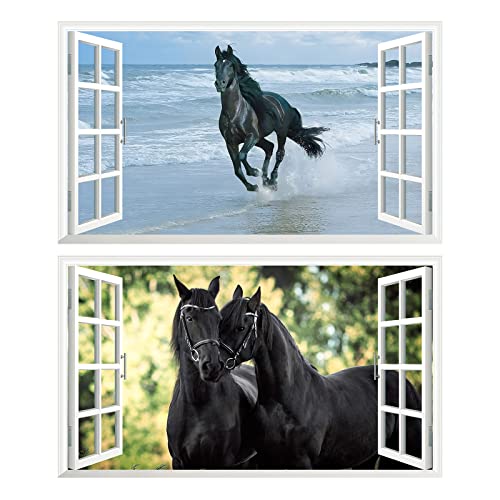 2Pcs Pferd Horse Schwarz Wandtattoo 3D Effekt XXL Wanddurchbruch Fenster Wandaufkleber für Junge Mädchen Kinderzimmer 1000 mm breit x 600 mm tief (groß) V08 von Chicbanners