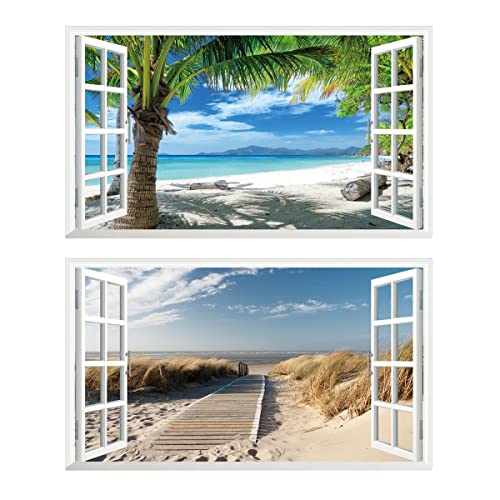 Chicbanners 2Pcs Wandtattoo Meer Strand Beach Natur Landschaft 3D Effekt XXL Wandaufkleber Fenster Selbstklebend Wandsticker für Junge Mädchen Kinderzimmer Groß 1000mmx600mm von Chicbanners