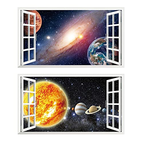 2Pcs Weltraum Erde Planeten Space Wandtattoo 3D Effekt V10 XXL Wanddurchbruch Fenster Wandaufkleber Universum Sterne für Kinderzimmer Jungenzimmer mädchenzimmer Groß 1000mmx580mm von Chicbanners