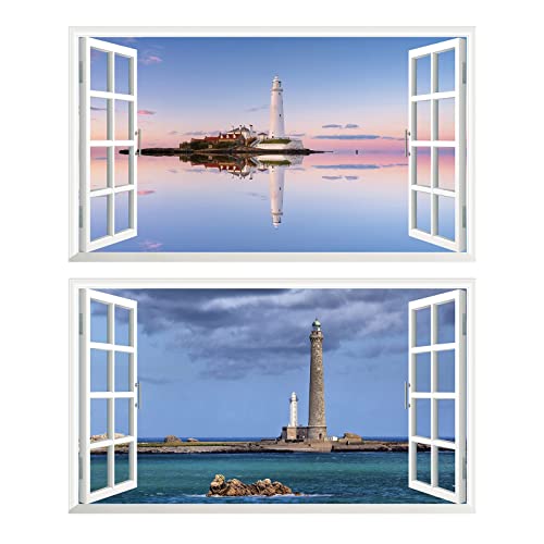 2Pcs Aussicht Leuchtturm weiß Meer Wandtattoo 3D Effekt XXL Wanddurchbruch Fenster Wandaufkleber für Junge Mädchen Kinderzimmer v01 Größe 1000 mm breit x 600 mm tief (groß) von Chicbanners