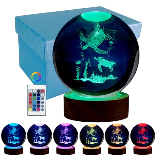 Meeresschildkröten-Nachtlicht, 8 cm, Kristallkugel-Lampe mit 16 Farben, LED-Holzsockel, 3D-Lasergravur, holografische Nachtlampe, Geschenk-Box-Verpackung, Geburtstagsspielzeug, Heimdekoration von ChickenEggLamp