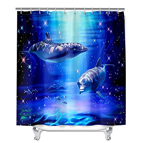 3D Delfin Duschvorhang Wasserdicht, Chickwin Waschbar Badewanne Vorhang aus Polyester, Bad Vorhang mit 12 Duschvorhangringen, Duschvorhänge für Badezimmer Decor (Funkelnder Delphin,180x200cm) von Chickwin-Shop