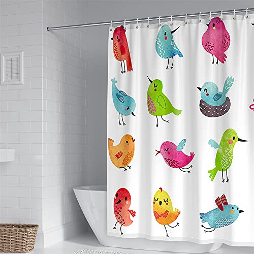 Chickw1 Duschvorhänge Anti Schimmel, 3D Motiv Duschvorhang Wasserdicht Waschbar Bad Vorhang Polyester Badewanne Vorhang mit 12 Duschvorhangringe (Cartoon Vogel,200x240cm) von Chickwin-Shop
