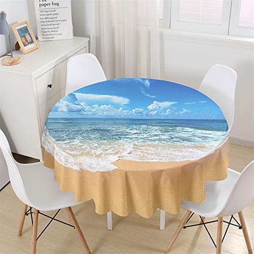 Chickw1 Tischdecke Runde Wasserdicht Abwaschbar Wellenmuster am Meer Bedruckte Tischschoner Fleckschutz, Tischtuch aus Polyester für Küche, Esszimmer, Garten oder Camping (Weiße Wellen,200cm) von Chickwin-Shop