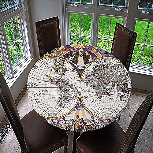 Chickw1 Tischdecke Runde Wasserdicht Abwaschbar Weltkartendruck Tischschoner Elastische Kante, Tischtuch aus Polyester für Küche, Esszimmer, Garten, Balkon (Menschliche Geografie,120cm) von Chickwin-Shop
