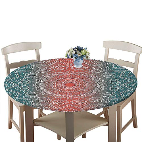 Chickwin Runde Tischdecke Wasserdicht Antifouling mit Elastische Kante, Exotische Mandala Blume Druck Tischschoner, Tischtuch aus Polyester für Küche, Esszimmer, Garten (Rot,Durchmesser 120cm) von Chickwin-Shop