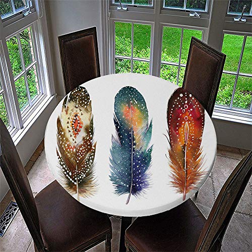 Chickwin Runde Tischdecke Wasserdicht Kreative 3D Gedruckte Tischschoner Elastische Kante, Tischtuch aus Polyester für Küche, Esszimmer, Garten oder Camping (DREI Federn,120cm) von Chickwin-Shop