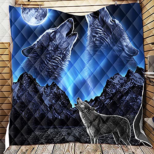 Chickwin Tagesdecke Bettüberwurf Gesteppt, 3D Wolf Tagesdecke Schlafzimmer Mikrofaser Steppdecke Decke Überwurf Wohnzimmer Sofaüberwurf für Einzelbett Doppelbett (Blauer Mond,150x200cm) von Chickwin-Shop