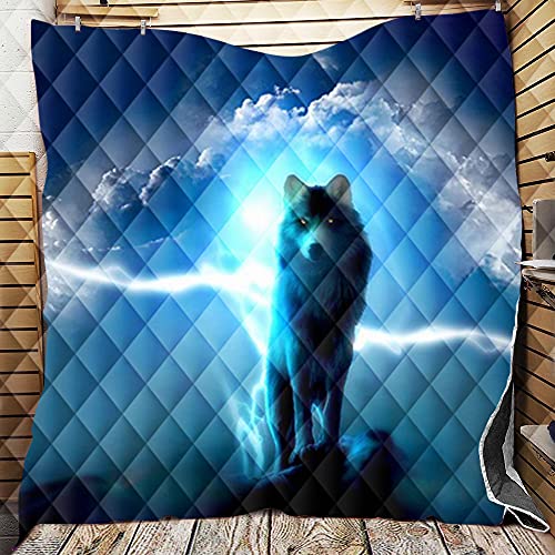 Chickwin Tagesdecke Bettüberwurf Gesteppt, 3D Wolf Tagesdecke Schlafzimmer Mikrofaser Steppdecke Decke Überwurf Wohnzimmer Sofaüberwurf für Einzelbett Doppelbett (Blitzwolf,180x200cm) von Chickwin-Shop