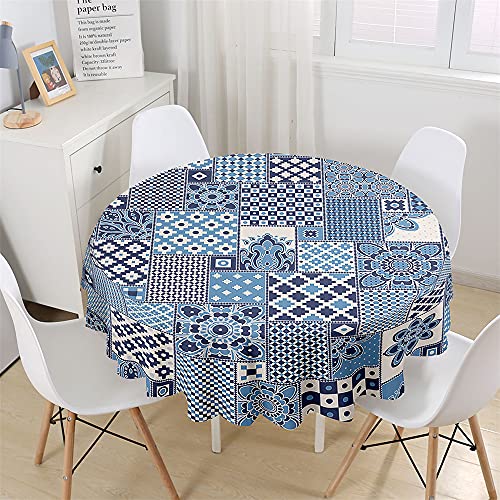 Chickwin Tischdecke Runde 3D Marokkanische Mosaik Muster Wasserdicht Tischdecken, Abwaschbar Tischtuch aus Polyester, Tischdekoration Benutzt für Küche, Esszimmer, Garten (Blau B,150cm) von Chickwin-Shop