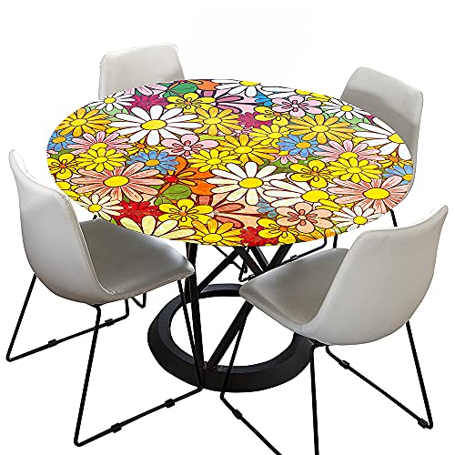 Chickwin Tischdecke Runde Wasserdicht Abwaschbar Gänseblümchen Drucken Tischschoner Elastische Kante, Tischtuch aus Polyester für Küche,Esszimmer,Garten,Balkon (Bunte Gänseblümchen,180cm) von Chickwin-Shop