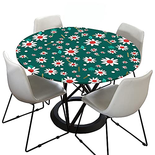 Chickwin Tischdecke Runde Wasserdicht Abwaschbar Gänseblümchen Drucken Tischschoner Elastische Kante, Tischtuch aus Polyester für Küche,Esszimmer,Garten,Balkon (Grünes Blatt,100cm) von Chickwin-Shop