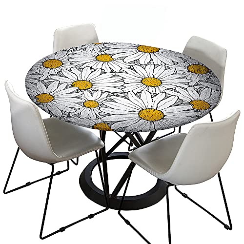 Tischdecke Abwaschbar Rund 120cm, Elastisch Lotuseffekt Tischdecke Outdoor 3D-Druck Tischdecken Daisy Table Cloth für Garten Restaurant, Ideal für 100cm-110cm von Chickwin-Shop