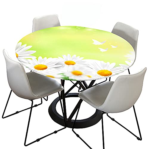 Chickwin Tischdecke Runde Wasserdicht Abwaschbar Gänseblümchen Drucken Tischschoner Elastische Kante, Tischtuch aus Polyester für Küche,Esszimmer,Garten,Balkon (hellgrün,120cm) von Chickwin-Shop