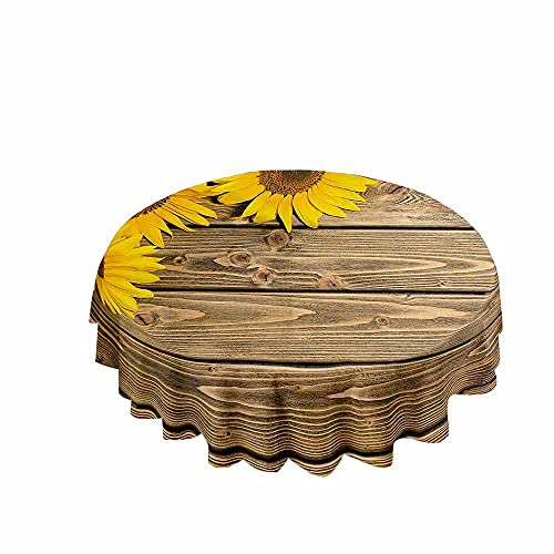 Chickwin Tischdecke Runde Wasserdicht Abwaschbar Holzmaserung Bedruckte Tischschoner Fleckschutz, Tischtuch aus Polyester für Küche,Esszimmer,Garten oder Camping (Gelbe Sonnenblume,100cm) von Chickwin-Shop