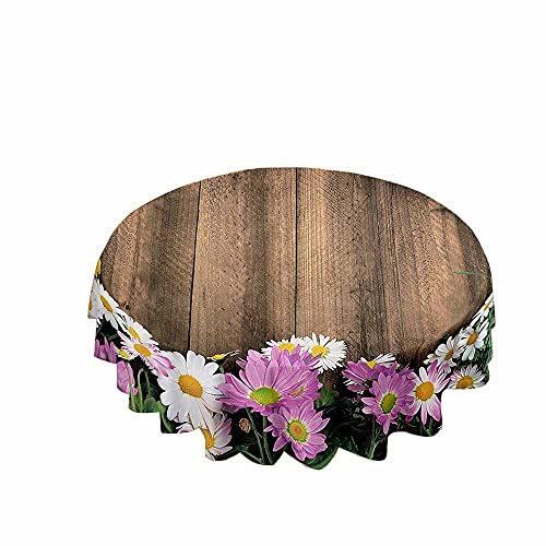 Chickwin Tischdecke Runde Wasserdicht Abwaschbar Holzmaserung Bedruckte Tischschoner Fleckschutz, Tischtuch aus Polyester für Küche,Esszimmer,Garten oder Camping (Kleine Gänseblümchenblumen,150cm) von Chickwin-Shop