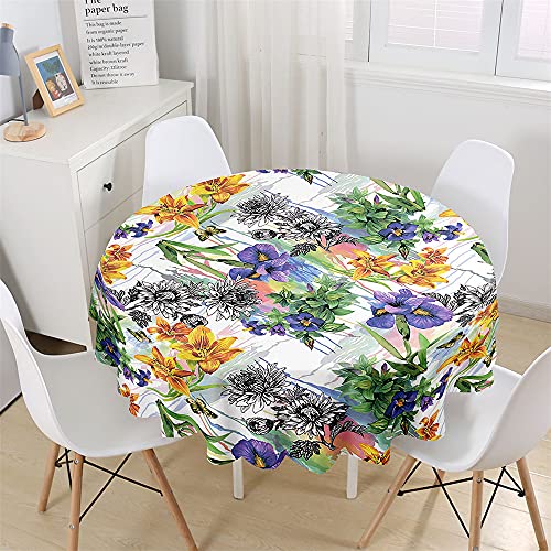 Chickwin Wasserdicht Tischdecke Runde Abwaschbar, 3D Schmetterling Blumen Bedruckte Tischdecken,Tischtuch aus Polyester, Tischdekoration Benutzt für Küche, Esszimmer, Garten (Blume,180cm) von Chickwin-Shop