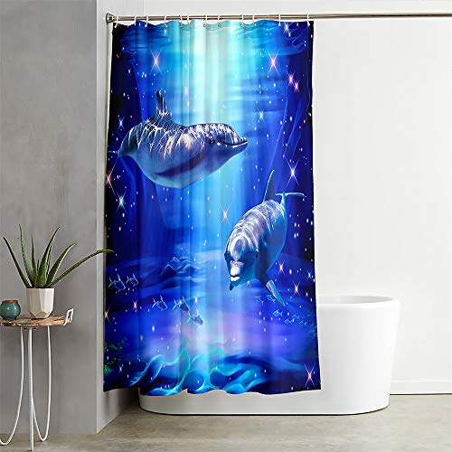 Duschvorhang Wasserdicht, Chickwin 3D Delfin Polyester Anti-Schimmel Waschbar Antischimmel Badewanne Shower Curtain mit 12 Ringes- für Badezimmer Vorhänge Decor (Blaue Sterne,120x180cm) von Chickwin-Shop