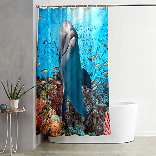 Duschvorhang Wasserdicht, Chickwin 3D Delfin Polyester Anti-Schimmel Waschbar Antischimmel Badewanne Shower Curtain mit 12 Ringes- für Badezimmer Vorhänge Decor (Delfin,180x200cm) von Chickwin-Shop