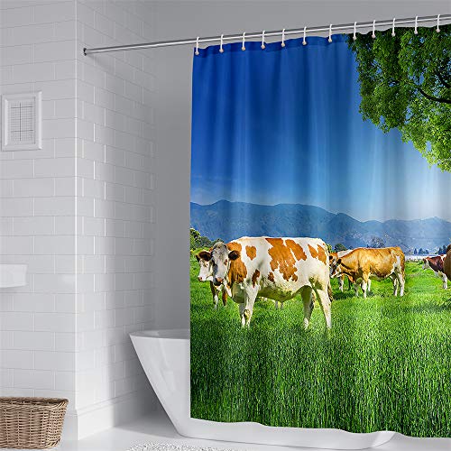 Duschvorhang Wasserdicht, Chickwin 3D Kühe Polyester Anti-Schimmel Waschbar Antischimmel Badewanne Shower Curtain mit 12 Ringes- für Badezimmer Vorhänge Decor (Wiese,150x180cm) von Chickwin-Shop