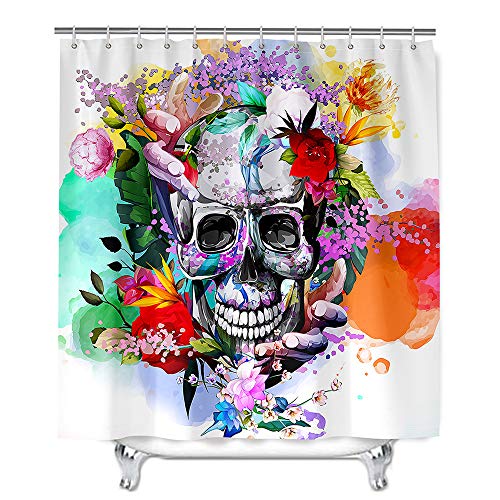 Duschvorhang Wasserdicht, Chickwin 3D Schädel Drucken Polyester Waschbar Badewanne Shower Curtain mit 12 Ringes- für Badezimmer Vorhänge Decor (Mehrfarbiger Schädel,180x180cm) von Chickwin-Shop