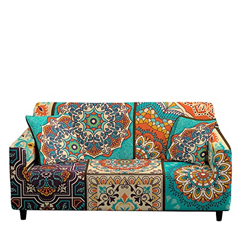 Elastisch Sofa Überwürfe Mit Armlehnen, Chickwin 1/2/3/4 Sitzer Sofabezug Farbe 3D Mandala Bohême Stil Polyester Stretch Weich Abwaschbar Couch Sofaüberwurf Wohnkultur (Patchwork Boho,3 Sitzer) von Chickwin-Shop