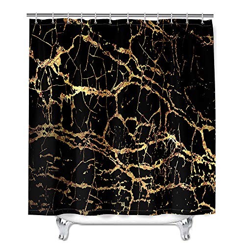 Marmor Duschvorhang Wasserdicht, Chickwin Waschbar Badewanne Vorhang aus Polyester, Bad Vorhang mit 12 Duschvorhangringen, Duschvorhänge für Badezimmer Decor (Goldschwarz,180x200cm) von Chickwin-Shop