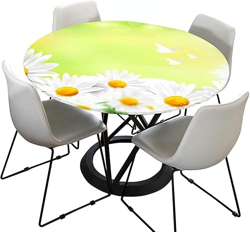 Tischdecke Abwaschbar Rund 70cm, Elastisch Lotuseffekt Tischdecke Outdoor 3D-Druck Weiß Tischdecken Daisy Table Cloth für Garten Restaurant, Ideal für 50cm-60cm von Chickwin-Shop