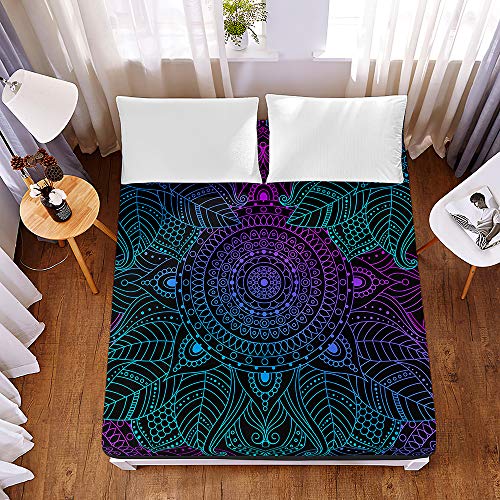 Chickwin 3D Drucken Spannbetttuch für Boxspringbett, Mandala Weiche Spannbettlaken Mikrofaser Matratzenschoner für Bettw Sche, Heimtextilien, Steghöhe bis 30cm (Blau-Violett Exotisc,120x200x30cm) von Chickwin