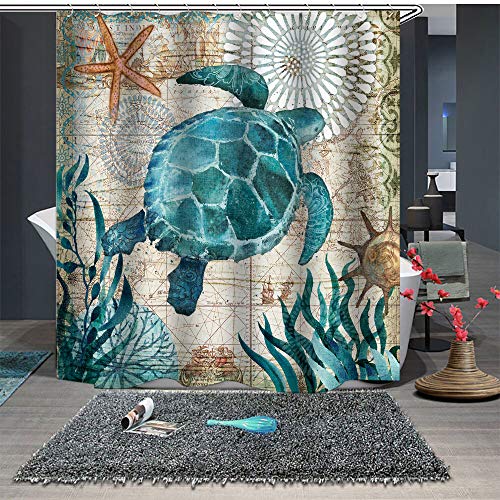 Chickw1 Anti-Schimmel & Wasserdicht Duschvorhang für Badezimmer, 3D Vintage Meerestiere Polyester Drucken mit 12 Duschvorhangringe Waschbar Duschvorhang (150x180cm,Meeresschildkröte) von Chickwin