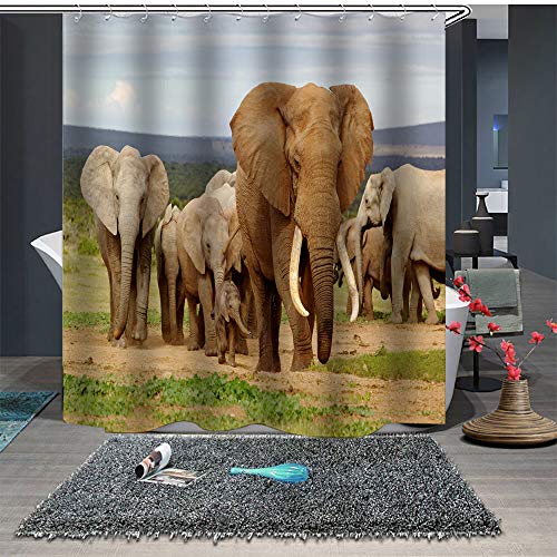 Chickw1 Badezimmer Duschvorhang Wasserdicht Anti-Schimmel, Waschbar Polyester Duschvorhang 3D Kreativ Kleine Elefant Muster mit 12 Kunststoff Duschvorhangringe (150x180cm,Steppenelefant) von Chickwin