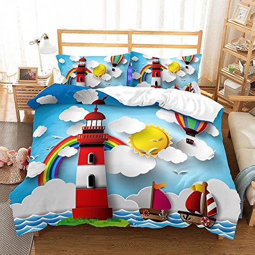 Chickw1 Bettwäsche Set Kinder Cartoon 3 Teilig Single Double König Polyester Mikrofaser Gemütlich Charmant Bettbezug -Set, Bettbezug 2 Kissenbezug (Leuchtturm,135x200cm) von Chickwin