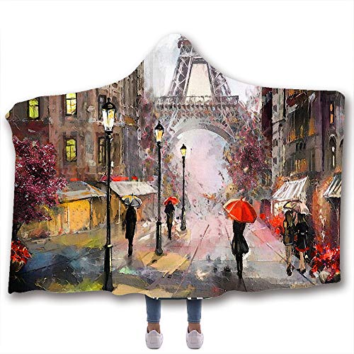 Chickw1 Decke mit Kapuze, 3D Europa Paris Eiffelturm Druck Kuscheldecke Plüschdecke Pelzdecke Hoodie für Erwachsene Kind Couch Sofa oder Bett (150x130cm,Straßenmalerei) von Chickwin