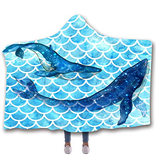 Chickw1 Decke mit Kapuze, 3D Meerestiere Druck Kuscheldecke mit Kapuze Plüschdecke Pelzdecke Decken mit Hoodie für Erwachsene Kind Couch Sofa oder Bett (200x150cm,Wal) von Chickwin