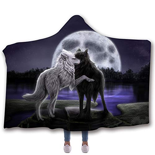 Chickw1 Decke mit Kapuze, Kuscheldecke 3D Mode Sternenhimmel Wolf Drucken Plüschdecke Hoodie für Erwachsene Kind Couch Sofa oder Bett (150x130cm,Paar Wolf) von Chickwin
