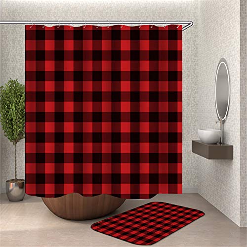 Chickw1 Duschvorhang Anti-Schimmel Wasserdicht, Polyester Waschbar Bad Vorhang mit 12 Duschvorhangringe Badewanne Vorhang 3D Drucken Badvorhänge für Badezimmer (Roter Gingham,180x200cm) von Chickwin