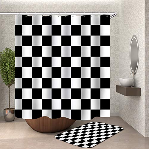 Chickw1 Duschvorhang Anti-Schimmel Wasserdicht, Polyester Waschbar Bad Vorhang mit 12 Duschvorhangringe Badewanne Vorhang 3D Drucken Badvorhänge für Badezimmer (Schwarz-Weiß-Gitter,90x180cm) von Chickwin