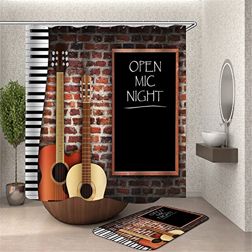 Chickw1 Duschvorhang Wasserdicht, 3D Musik Drucken Anti-Schimmel Waschbar Antischimmel Badewanne Shower Curtain mit 12 Ringes- für Badezimmer Vorhänge Decor (Gitarre aus Holz,90x180cm) von Chickwin