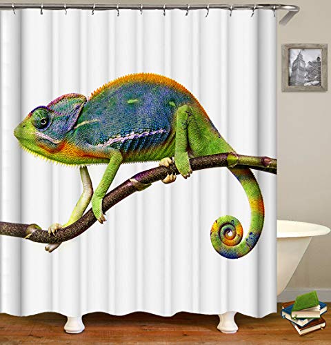 Chickw1 Duschvorhang Wasserdicht Anti-Schimmel 3D Tier Drucken Polyester Bad Vorhang mit 12 Duschvorhangringe für Badezimmer Decor (180x180cm,Grünes Chamäleon) von Chickwin