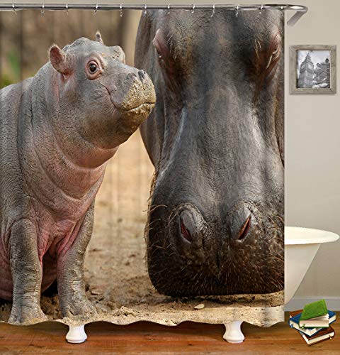 Chickw1 Duschvorhang Wasserdicht Anti-Schimmel 3D Tier Drucken Polyester Bad Vorhang mit 12 Duschvorhangringe für Badezimmer Decor (180x200cm,Graues Nilpferd) von Chickwin