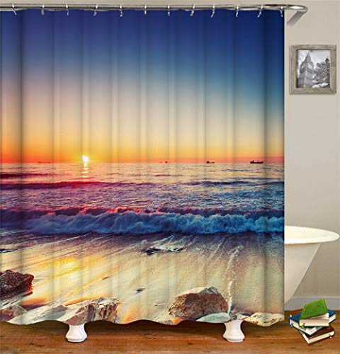 Chickw1 Duschvorhang Wasserdicht Anti-Schimmel Shower Curtain Waschbar Polyester Badezimmer Vorhänge mit 12 Duschvorhangringe für Badezimmer Decor- Sommer 3D Meereswelle (Sonnenuntergang,180x200cm) von Chickwin