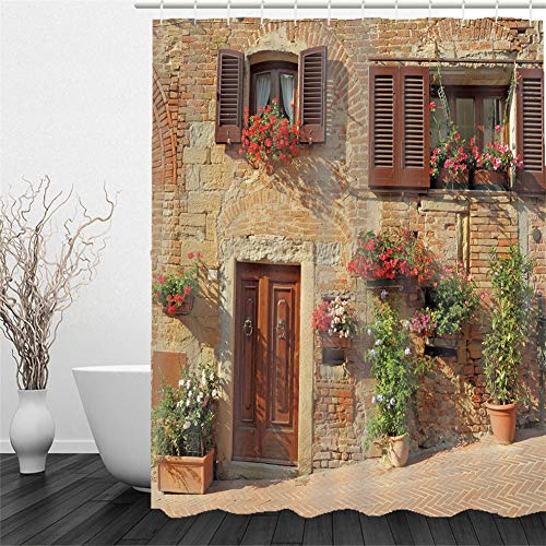 Chickw1 Duschvorhang Wasserdicht Antischimmel,Duschvorhänge mit 3D Motiv Badezimmer Polyester Waschbar Bad Vorhang mit 12 Duschvorhangringe Badewanne Vorhang (Retro-Stil Haus,150x180cm) von Chickwin