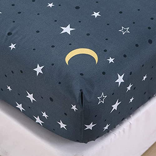 Chickwino Spannbettlaken 90x200cm Kinder Matratzenschoner, Blauer Stern Mond Galaxis Bettlaken für Einzelbett Boxspringbett - 100% Mikrofaser Spannbetttuch Geeignet für bis 25-30 cm Matraze von Chickwin