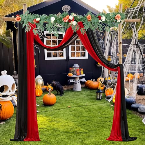 Chickwin 2 Stück Hochzeit Vorhang Hochzeitsbogen, Tüll Querbehang Stoff Transparent Voile Dekoration für Fotohintergrund Party Torbogen Zeremonie Hochzeitsdeko (Schwarz + Rot,75x600cm) von Chickwin