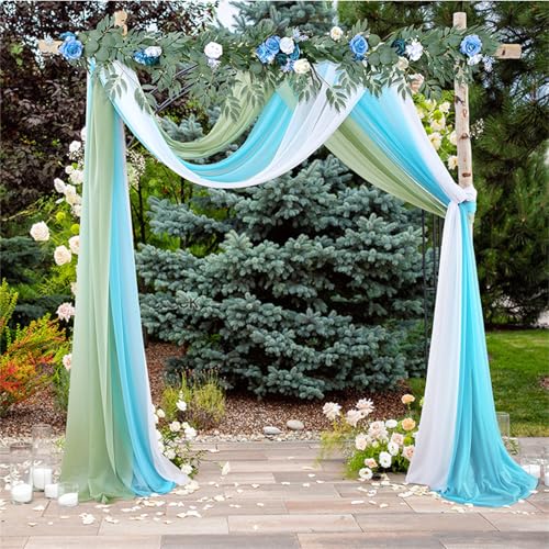 Chickwin 3 Stück Hochzeit Vorhang Hochzeitsbogen, Tüll Querbehang Stoff Transparent Voile Dekoration für Fotohintergrund Party Torbogen Zeremonie Hochzeitsdeko (Grau-Blau-Stil,75x600cm) von Chickwin