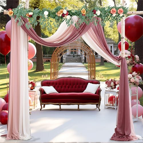 Chickwin 3 Stück Hochzeit Vorhang Hochzeitsbogen, Tüll Querbehang Stoff Transparent Voile Dekoration für Fotohintergrund Party Torbogen Zeremonie Hochzeitsdeko (Lila-Rouge-Stil,75x600cm) von Chickwin