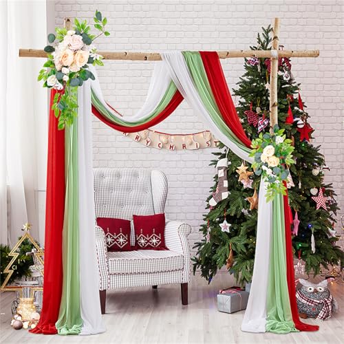 Chickwin 3 Stück Hochzeit Vorhang Hochzeitsbogen, Tüll Querbehang Stoff Transparent Voile Dekoration für Fotohintergrund Party Torbogen Zeremonie Hochzeitsdeko (Weihnachtsstil,75x550cm) von Chickwin