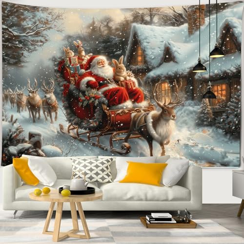 Chickwin 3D-Druck Weihnachtstag Wandteppich, Weihnachts Wanddeko Kamin Wandtuch Wandbehang Weihnachten für Wohnkultur, Schlafzimmer, Weihnachtsessen, Party (230x150cm,Schlitten) von Chickwin