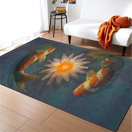 Chickwin 3D Tier Teppich Wohnzimmer Kurzflor Weiche rutschfeste Schlafzimmer Teppich Waschbar Teppiche für Kinderzimmer Spielzimmer Outdoor (120x160cm,Koi Blume) von Chickwin
